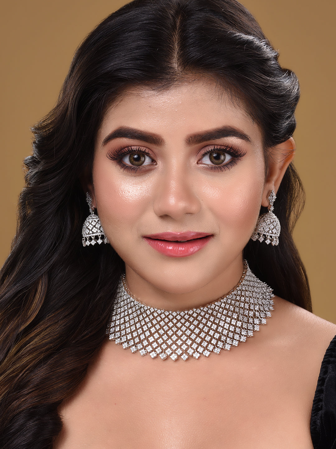 Silver Rhodium Plated White AD Choker Jhumka Jewellery Set, zaveri pearls, sale price rs, sale price, sale gold plated, sale gold, sale, rubans, ring, regular price, priyassi jewellery, kusha